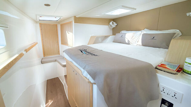 A climb up into the main cabin’s double bed – good stowage beneath